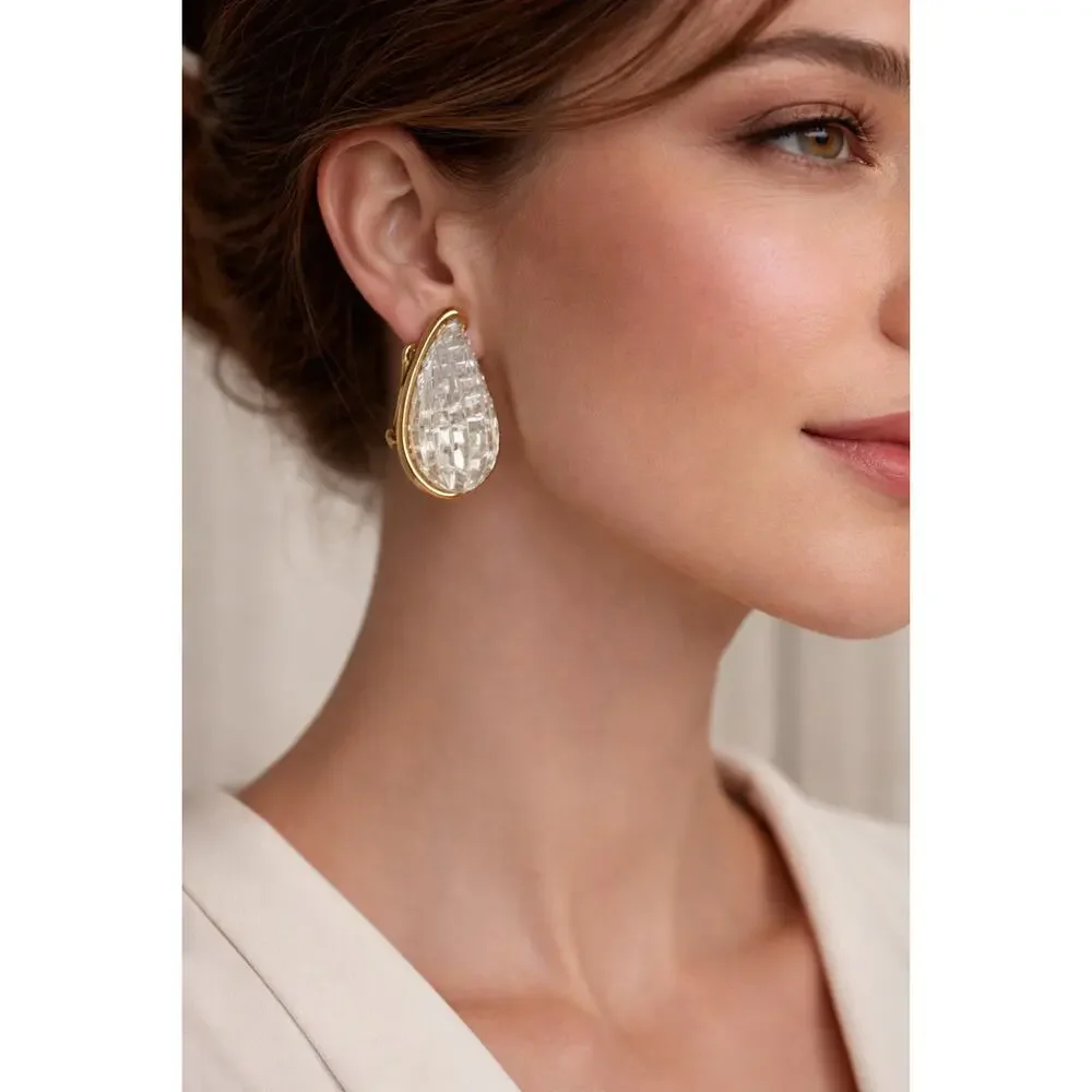 VTG Kenneth Jay Lane KJL Gold Clear Crystal Teardrop Clip On Earrings Statement - Picture 1 of 7